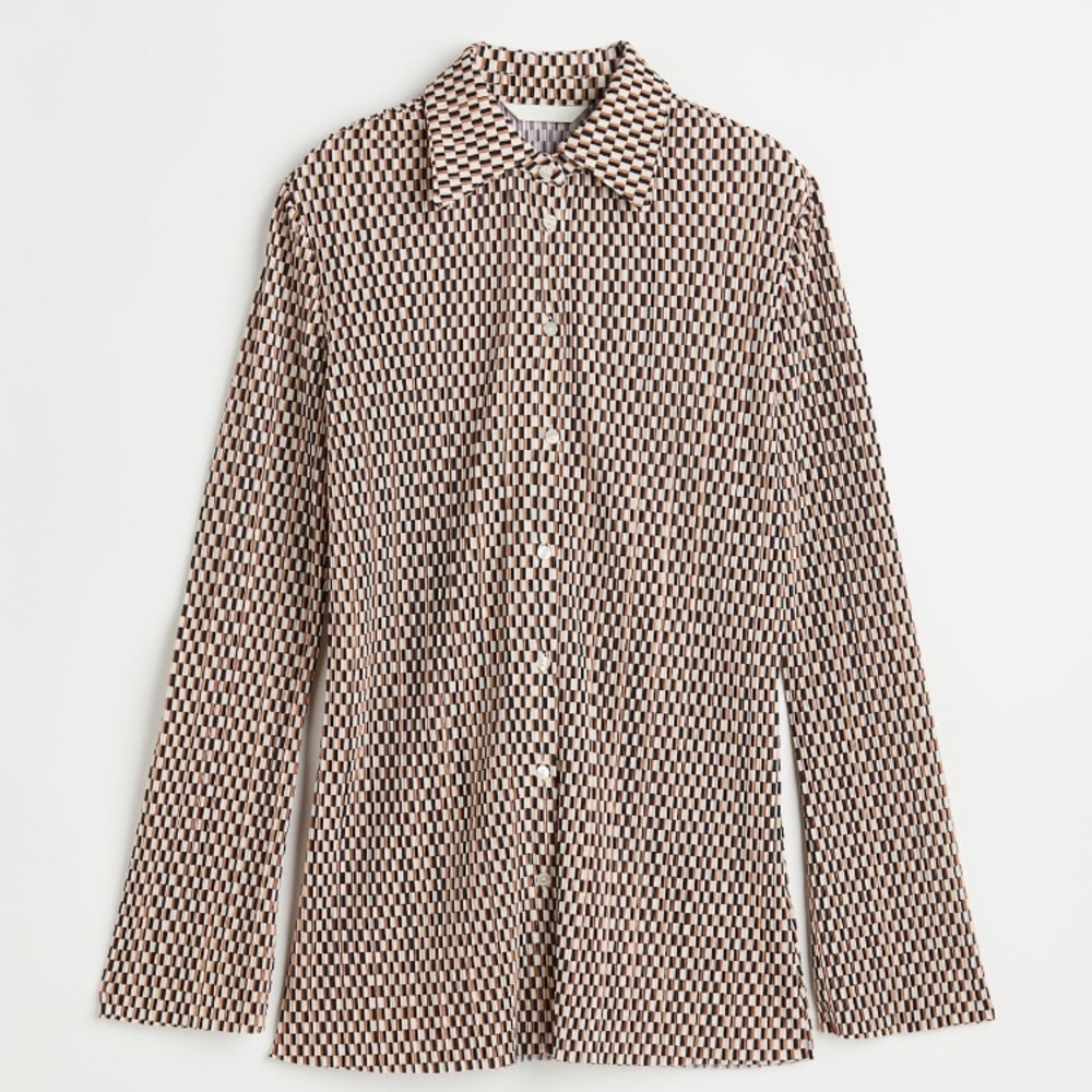 NWOT, H&M Textured Brown Black, White Geometric Pattern Button Down Shirt Size L